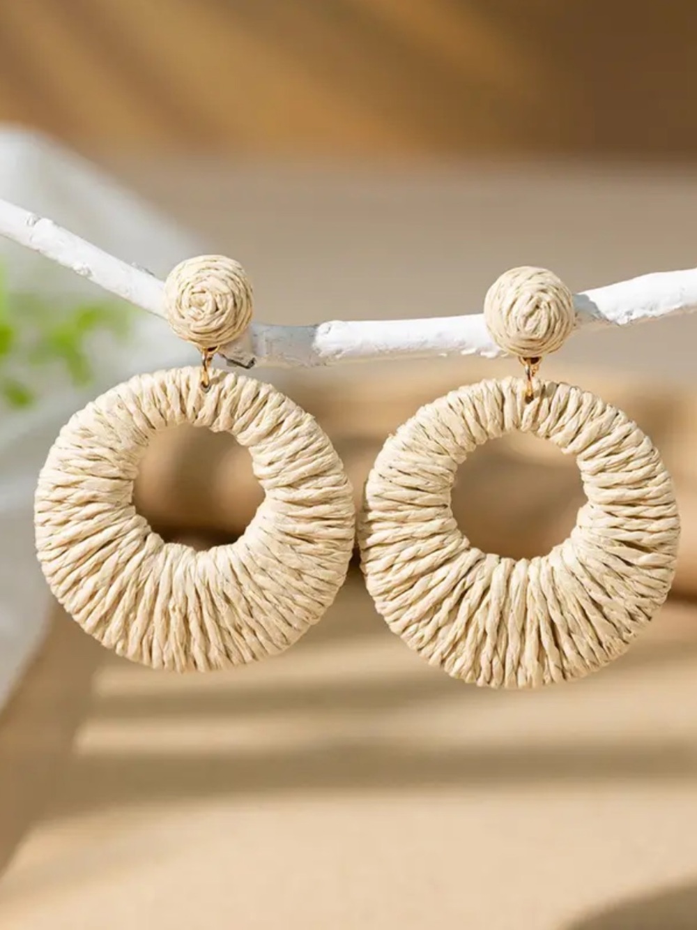 Beige Raffia Woven Hoop Drop Earrings - Stylish Women Jewelry
